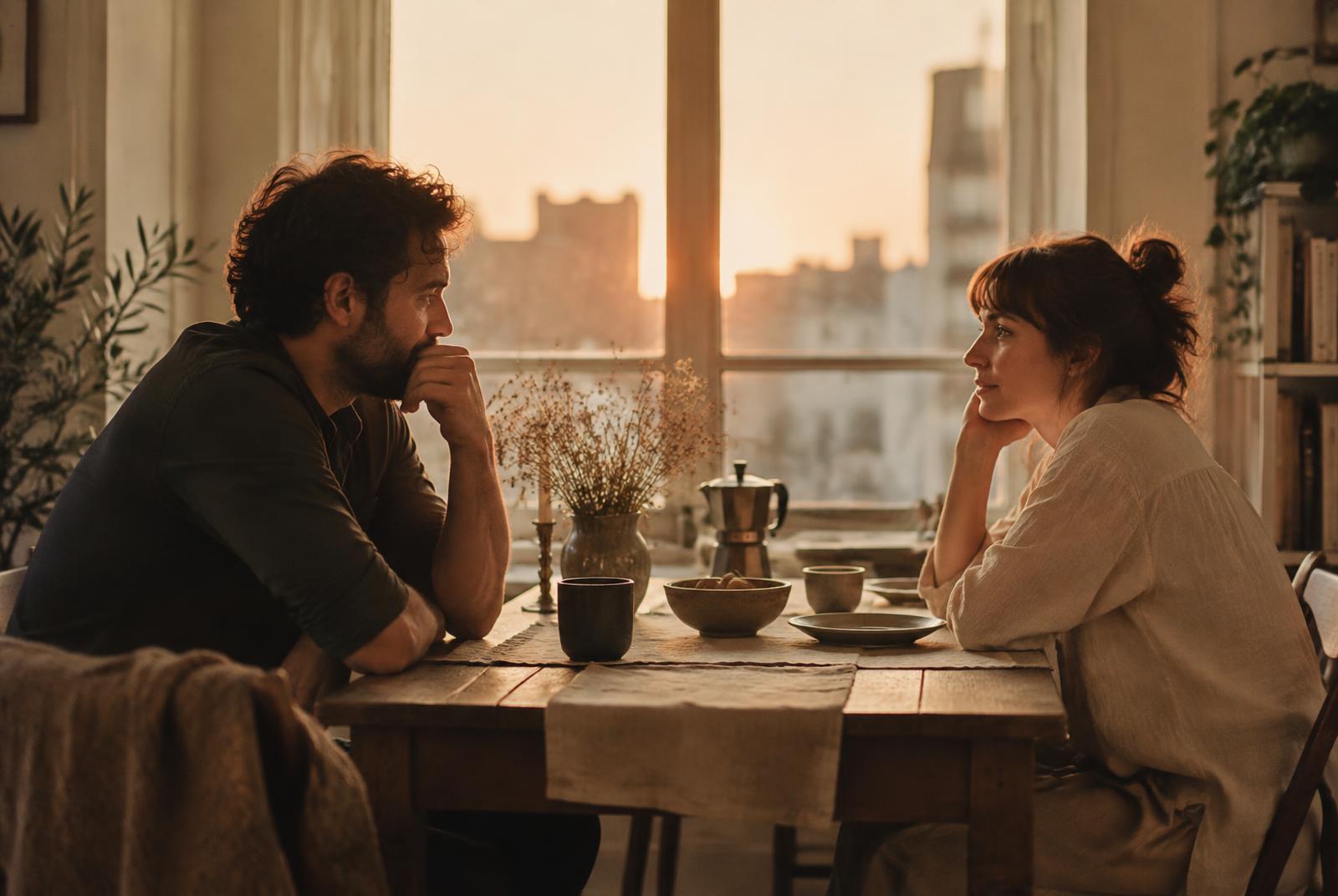 Two people in quiet conversation at golden hour